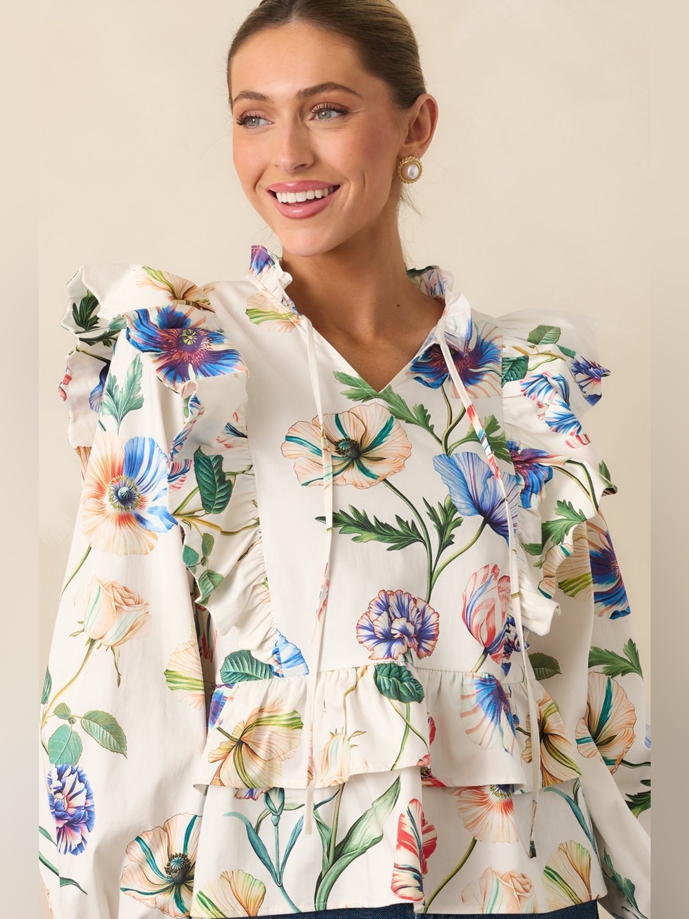 PROSPERINA FAYE IVORY MULTI FLORAL PRINT COTTON RUFFLE TOP NEW - Picture 4 of 7